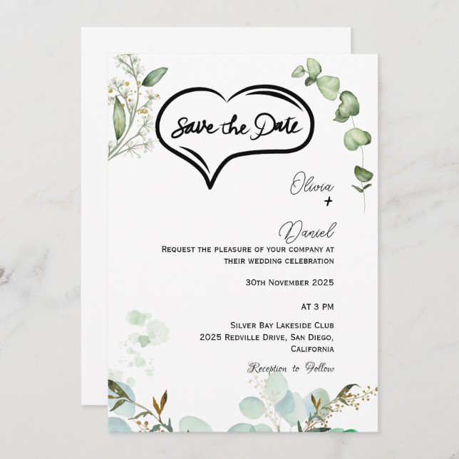 Greenery Rustic Save The Date Invitation Einladung (Vorne/Hinten)