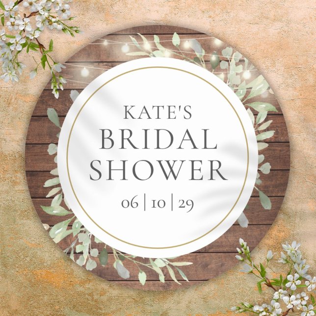 Greenery Rustic String Lights Brautparty Runder Aufkleber (Greenery Rustic String Lights Bridal Shower Classic Round Sticker)