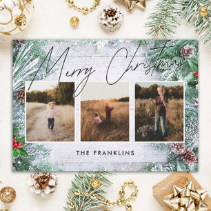 Greenery Rustic Wood Script Typ Weihnachts-Foto Feiertagskarte