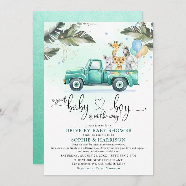 Greenery Safari Animals Drive Through Baby Shower Einladung (Vorne/Hinten)