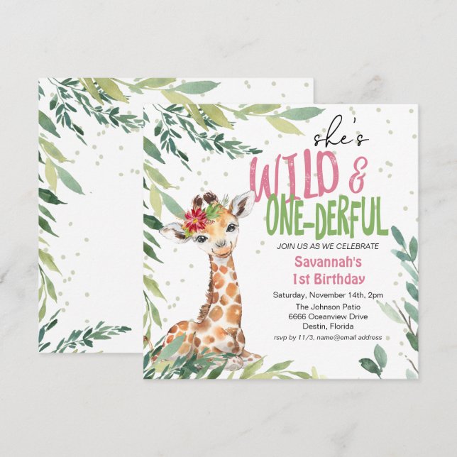 Greenery Safari Giraffe Wild 1 1. Geburtstag Einladung (Vorne/Hinten)