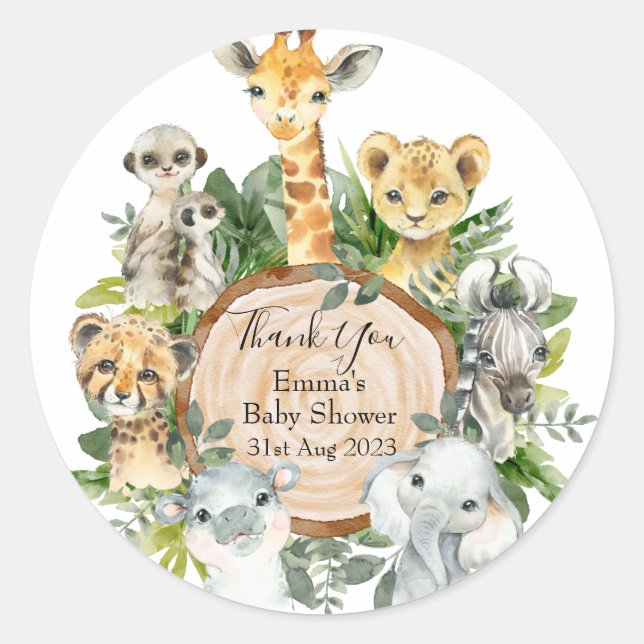 Greenery Safari Jungle Wild Animals Baby Shower Runder Aufkleber (Vorderseite)