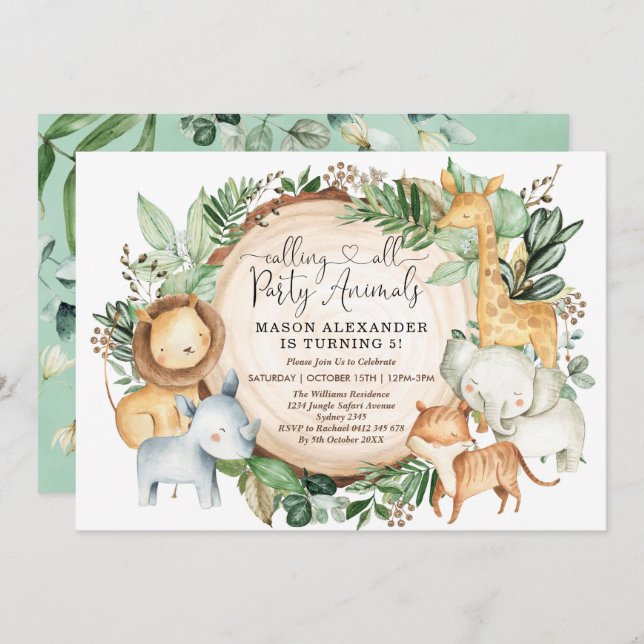 Greenery Safari Party Animals Boys Geburtstag Einladung (Vorne/Hinten)