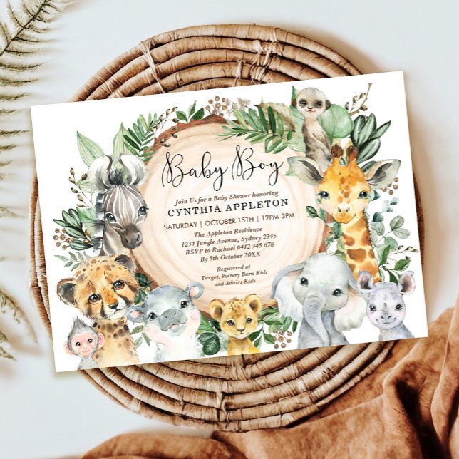 Greenery Safari Wild Animals Baby Boy Shower Einladung (Von Creator hochgeladen)