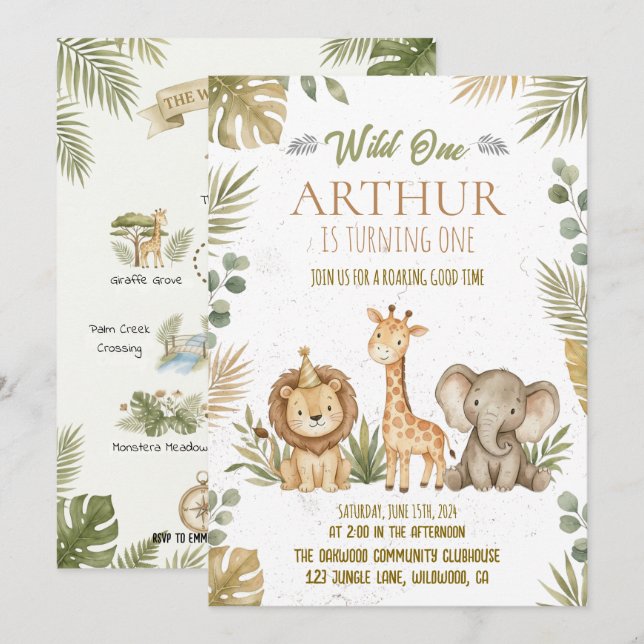 Greenery Safari Wild One 1st Birthday Party Einladung (Vorne/Hinten)