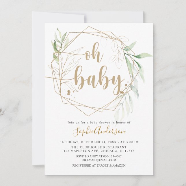 Greenery Sage and Gold Oh Baby Shower Einladung (Vorderseite)