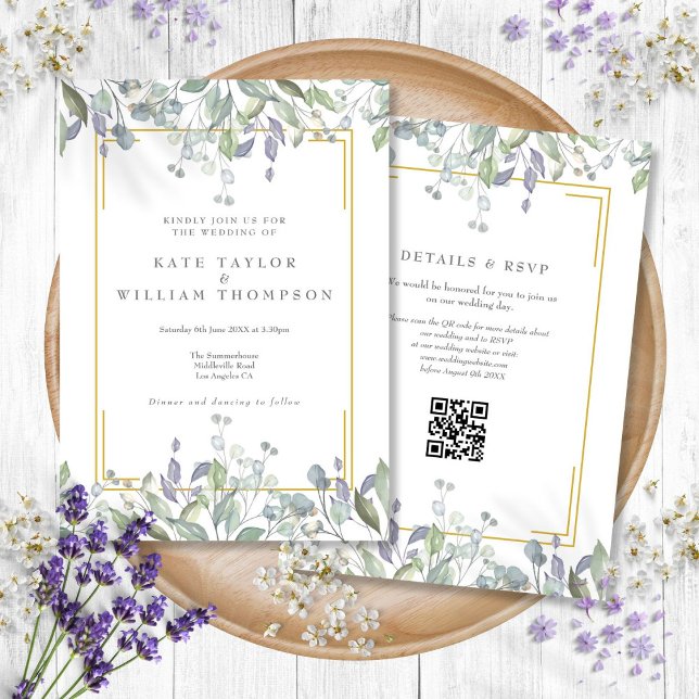 Greenery Sage Lilac Floral QR Code Wedding Einladung (Greenery Sage Lilac Floral QR Code Wedding Invitation)