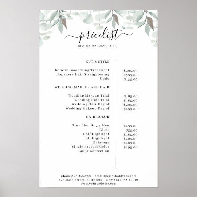 Greenery Salon Price List Poster (Vorne)