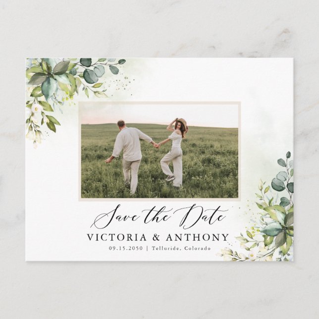 Greenery Save the Date Postcard Postkarte (Vorderseite)