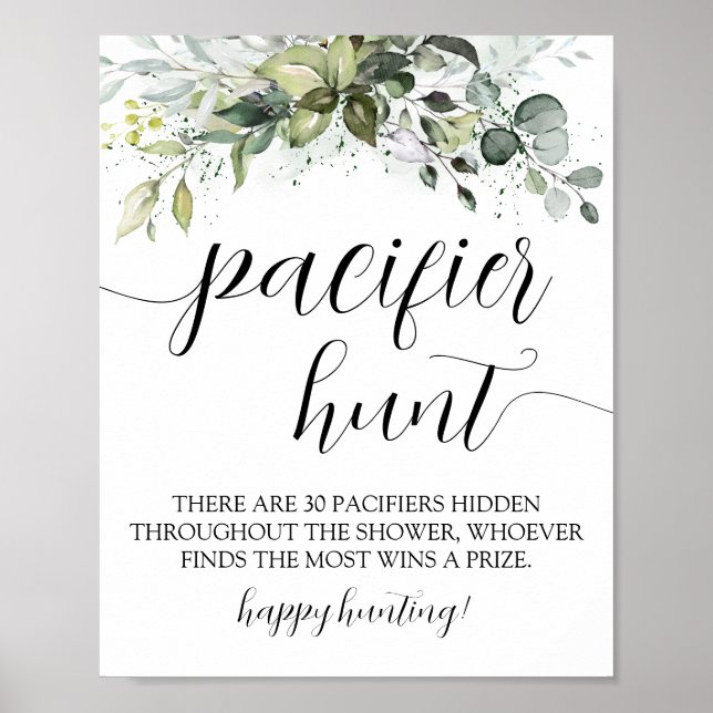 Greenery Schnuller Hunt Baby Shower Game Sign Poster (Vorne)