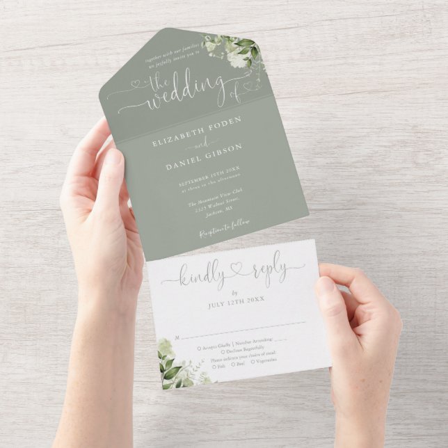 Greenery Script Hearts Sage Green Wedding All In One Einladung (Abreißen)