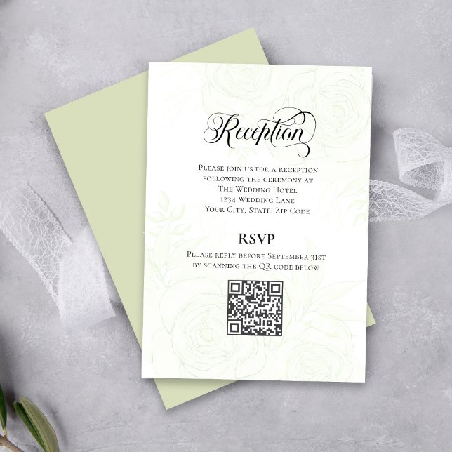 Greenery Script Wedding QR Code Reception Card Begleitkarte (Elegant greenery wedding reception card with QR code for easy guest RSVP.)