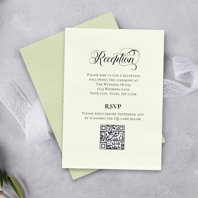 Greenery Script Wedding QR Code Reception Elegant  Begleitkarte (Elegant reception details with QR code for easy guest info access.)