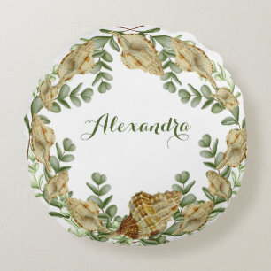 Greenery Seashell Nautical Cream Muscheln Coastal  Rundes Kissen