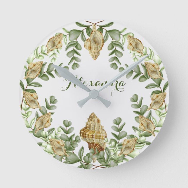 Greenery Seashell Nautical Cream Muscheln Küste Runde Wanduhr (Vorderseite)