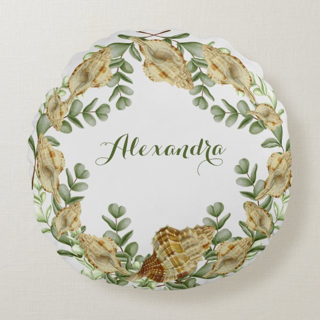 Greenery Seashell Nautical Cream Muscheln Küste Rundes Kissen (Vorderseite)