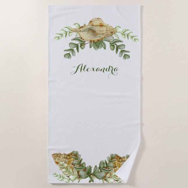 Greenery Seashell Nautical Cream Muscheln Küste Strandtuch (Vorderseite)