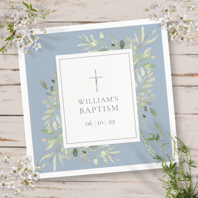 Greenery Silver Baptism Christening Dusty Blue Serviette (Greenery Silver Baptism Christening Dusty Blue Napkins)