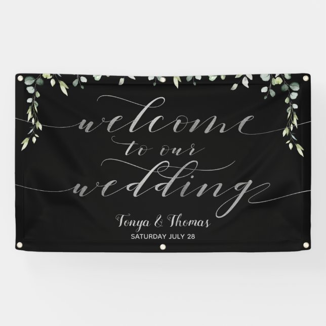 Greenery Silver Calligraphy Black Begrüßung Banner (Horizontal)
