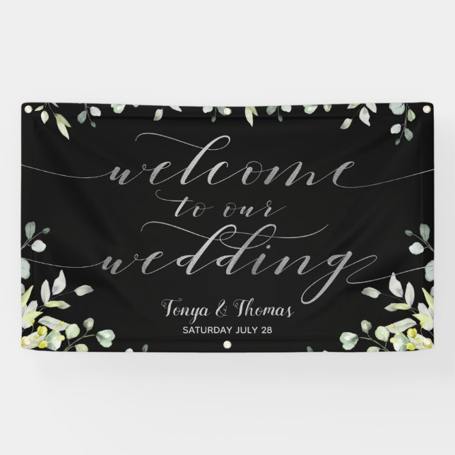 Greenery Silver Calligraphy Black Begrüßung Banner (Horizontal)