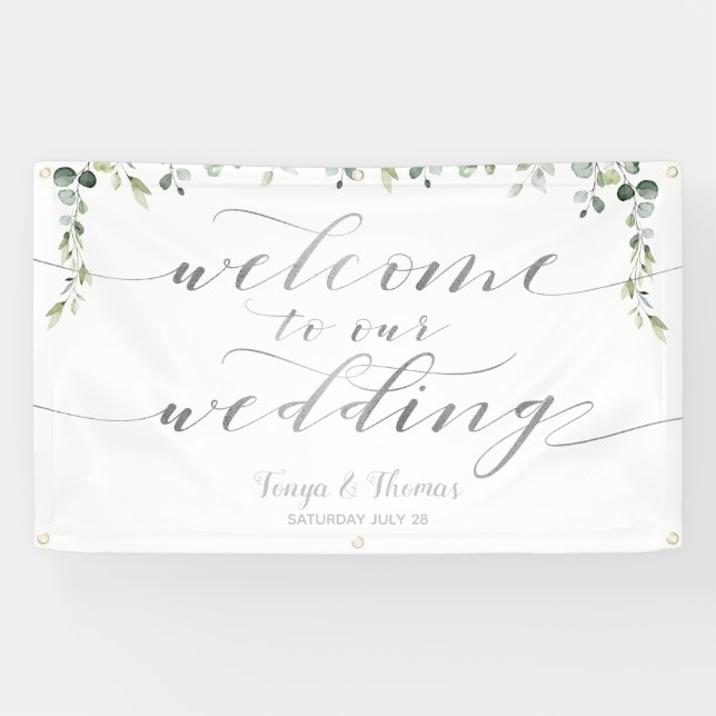 Greenery Silver Calligraphy White Begrüßung Banner (Horizontal)