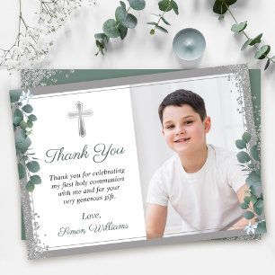 Greenery Silver Glitter First Holy Communion Foto Dankeskarte