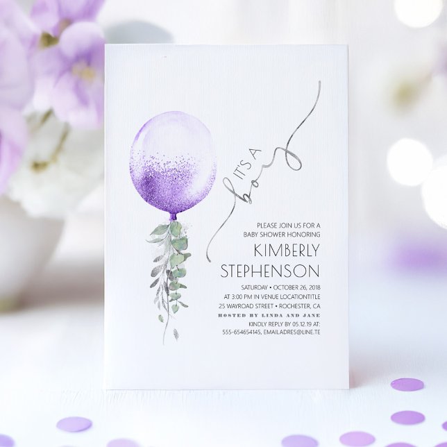 Greenery Silver und Lila Balloon Baby Shower Einladung (Purple Boy Baby Shower Invitation)