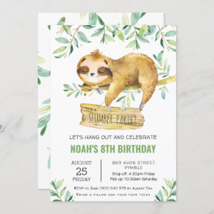 Greenery Sloth Slumber Sleepover Pajama Geburtstag Einladung