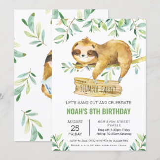 Greenery Sloth Slumber Sleepover Pajama Geburtstag Einladung