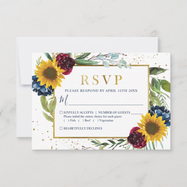 Greenery Sonnenblume Blumen Gold Glitzer Hochzeit RSVP Karte (Vorderseite)