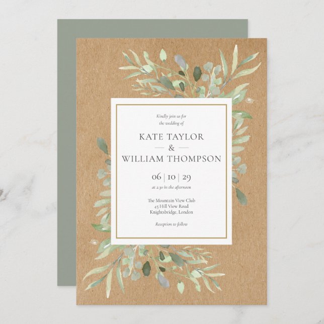 Greenery Spring Blätter Rustic Kraft Wedding Einladung (Vorne/Hinten)