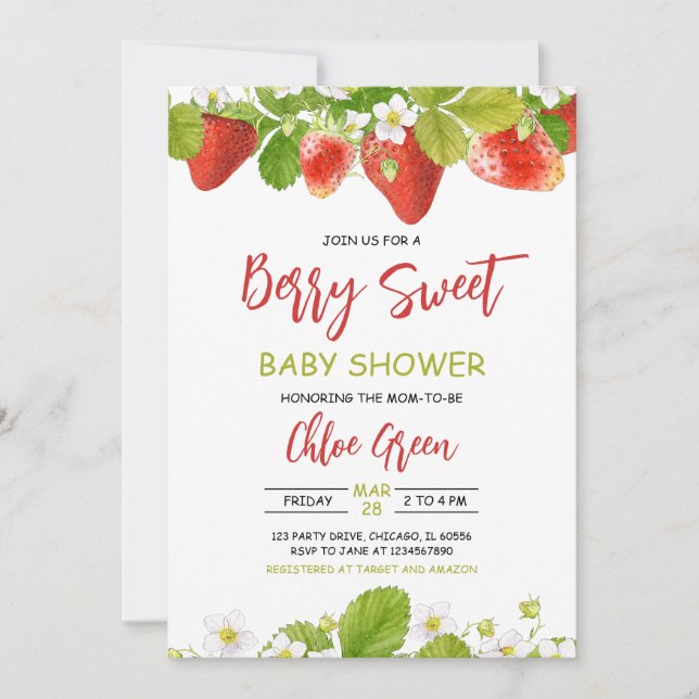 Greenery Strawberry Baby Shower Einladung (Vorderseite)