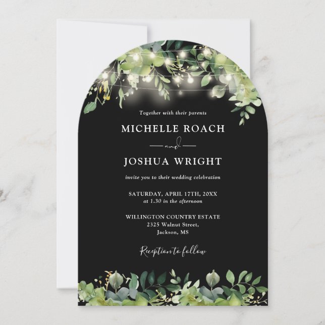 Greenery String Lights Arch QR Code Wedding Einladung (Vorderseite)