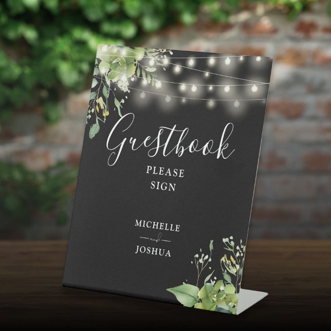 Greenery String Lights Black and White Guestbook Sockelschild (Greenery String Lights Black And White Guestbook Pedestal Sign)