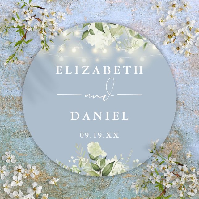 Greenery String Lights Dusty Blue Gastgeschenk Hoc Runder Aufkleber (Greenery String Lights Dusty Blue Wedding Favor Classic Round Sticker)