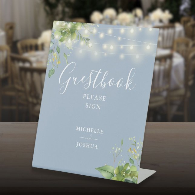 Greenery String Lights Dusty Blue Guestbook Sockelschild (Greenery String Lights Dusty Blue Guestbook Pedestal Sign)