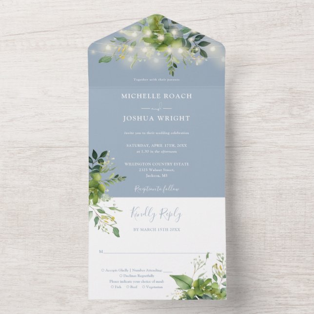 Greenery String Lights Dusty Blue Wedding All In One Einladung (Innen Boden)