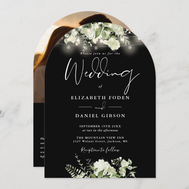 Greenery String Lights QR Foto Arch Wedding Einladung (Vorne/Hinten)