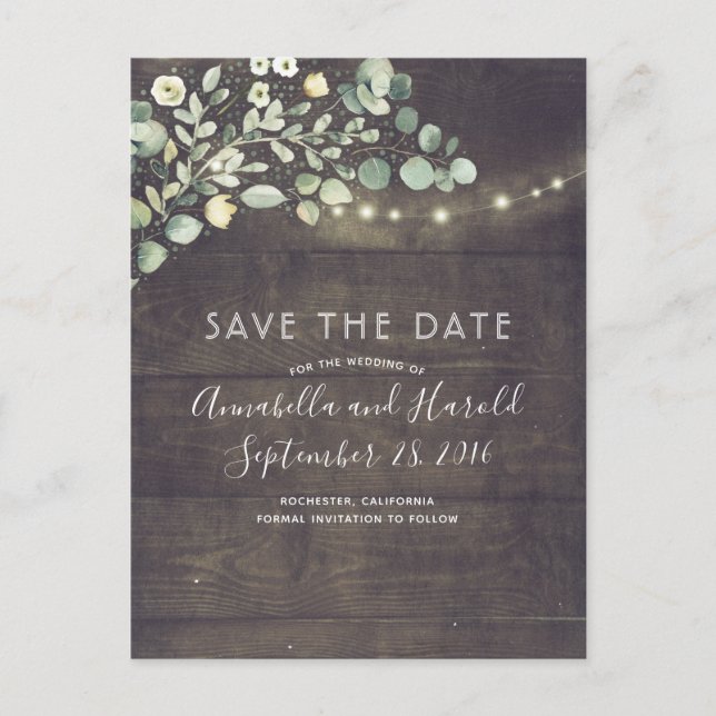Greenery String Lights Rustikal Save the Date Ankündigungspostkarte (Vorderseite)