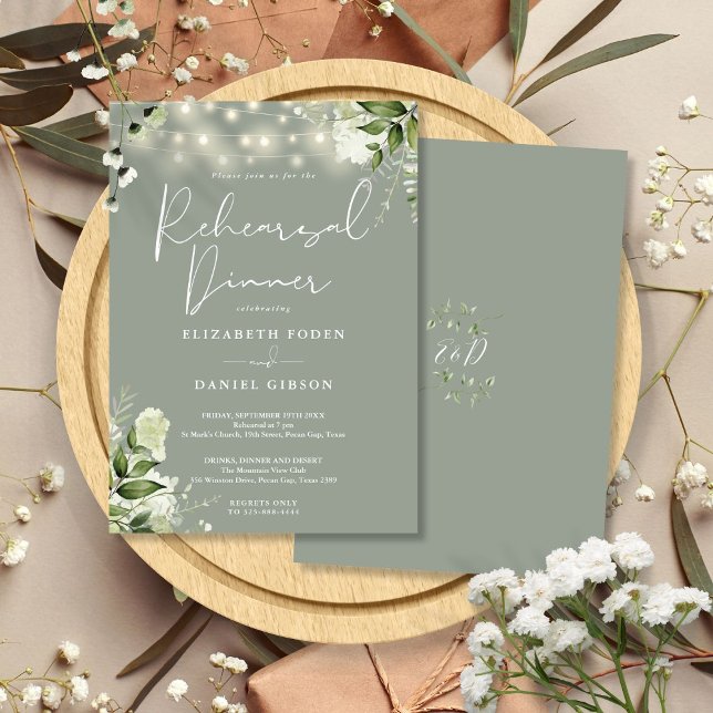 Greenery String Lights Sage Green Probe Dinner Einladung (Greenery String Lights Sage Green Rehearsal Dinner Invitation)