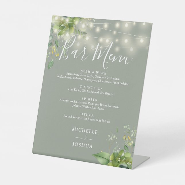 Greenery String Lights Sage Green Wedding Bar Menu Sockelschild (Vorderseite)