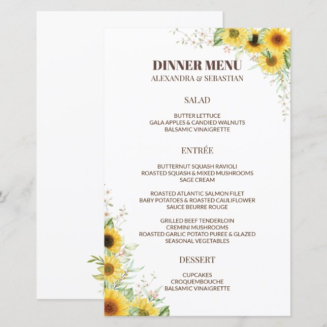 Greenery Sunflower Wedding Dinner Menu (Vorne/Hinten)