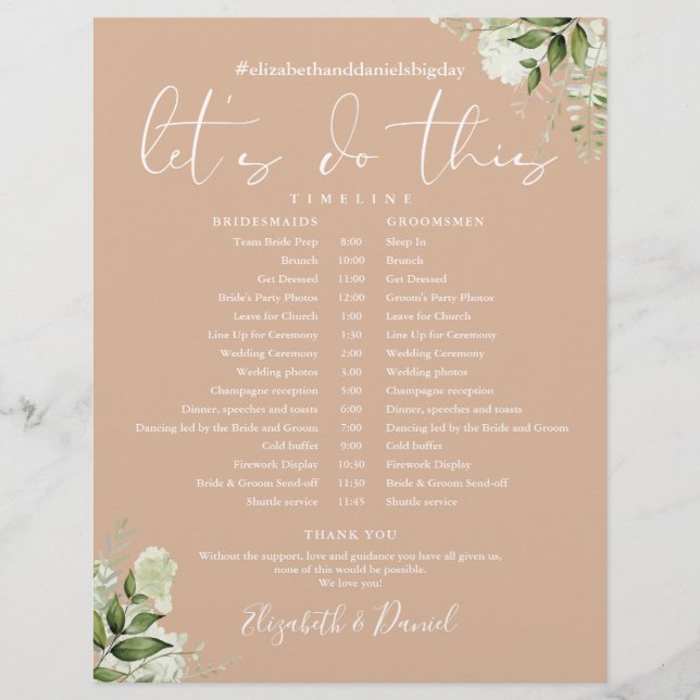 Greenery Tan Wedding Zeitplan Timeline (Vorderseite)