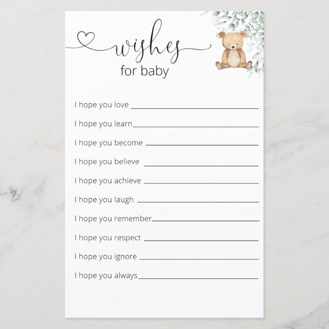Greenery Teddy Bear Baby Dusche wünscht sich für B (Vorderseite)