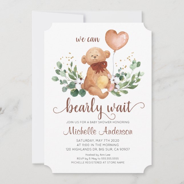 Greenery Teddy Bear Bear Bearly Wait Baby Shower Einladung (Vorderseite)