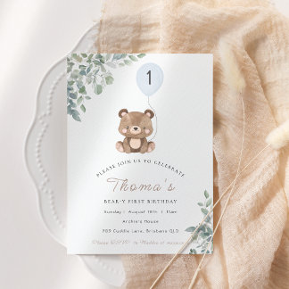 Greenery Teddy Bear erster Geburtstag neutral Einladung