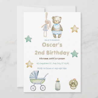 Greenery Teddy Bear mit Stars Boy 2. Geburtstag Einladung