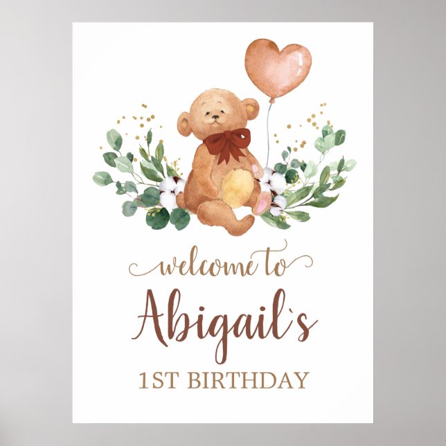 Greenery Teddy Bear Welcome Baby Birthday Poster (Vorne)