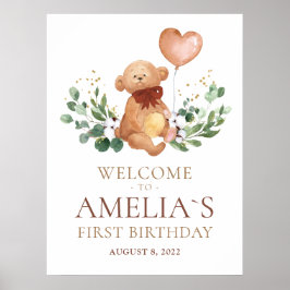 Greenery Teddy Bear Welcome Baby Birthday Poster