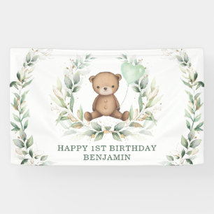 Greenery Teddy Bear Yellow Ballon Happy Birthday Banner